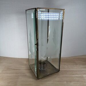 Vintage BRASS LANTERN CANDLEHOLDER w/ Xmas Tree Etched Glass 70s Style 10" Tall